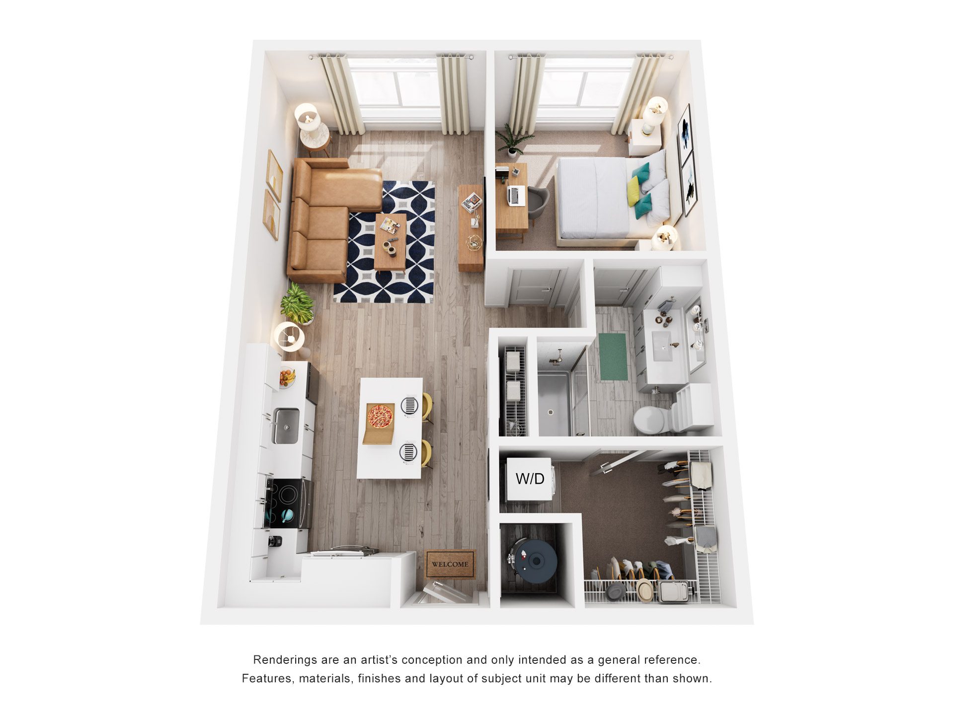 Floor plan for 1 bed, 1 bath, 931 sqft